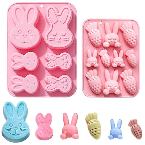 duoyif Moule à Chocolat en silicone Lapin, 2 pièces Moule à praliné Lapin, Sans BPA, Moules à friandises de Pâques, Moules Lapin de Paques pour Chocolat Bonbons Biscuits Fondant (2piezas rosa)