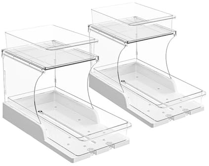 Set da 2 Organizer Bagno Trasparenti a 2 Livelli con Cassetti Estraibili e Base Girevole, Porta Trucchi e Skincare Salvaspazio per Piano Lavabo, Toeletta e Armadietto | Ideale per armadi e mobili da cucina. Per spezie, cosmetici. Risparmia spazio e crea ordine