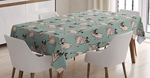 ABAKUHAUS Mops Tischdecke, Sitzen Dehnen Hund, Pflegeleicht mit Modernster Druck Technologie Waschbar und Personalisiert, 140 x 240 cm, Türkis