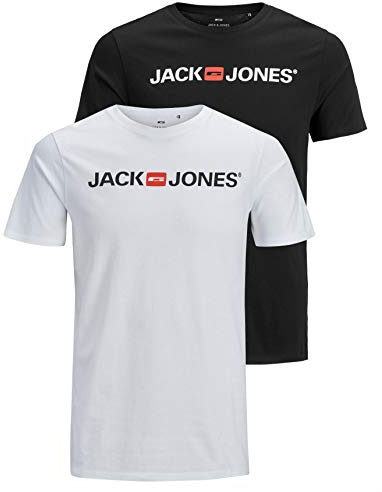 JACK & JONES Men's JJECORP Logo TEE SS Crew Neck, White/2-PACK W. Black/REG FIT, XXXL