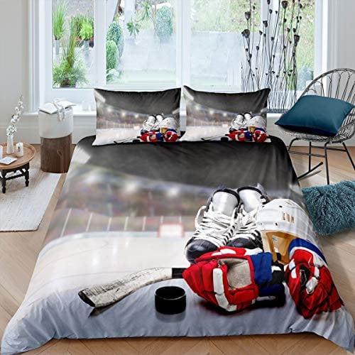 feelingyou Eishockey (Eishockey) Bettwäsche-Set Rote Handschuhe Weißer Helm Bettwäsche Set 155x220cm Ice Sports Lover Betten Set für Kinder Jungen Mädchen Teenager 2St.Reißverschluss Mikrofaser
