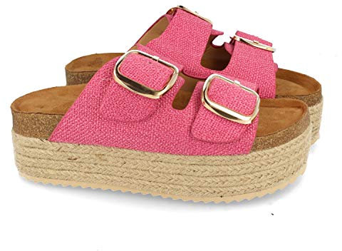 shoes&blues.es Sandalia de Plataforma para Mujer, Forrado de Yute, con Planta Anatomica, y Hebillas en la Pala de Rafia, Primavera Verano 2021. Talla 37 Fucsia