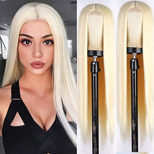 ATAYOU Platinblonde Glatt Lace Front Perücke kleines Stück Spitze vorne Lace Front Blonde Perücke Lange Gerade Perücken für Frauen (Blonde)