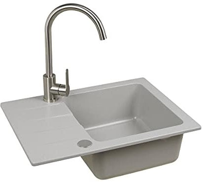 VBChome Spülbecken mit Armatur 60 x 44 cm Einzelbecken Grau Granit Rechteckig Reversibel Einbauspüle Gesprenkelt Großes Tiefes Becken Siphon Armatur Unterschranke ab 50 cm