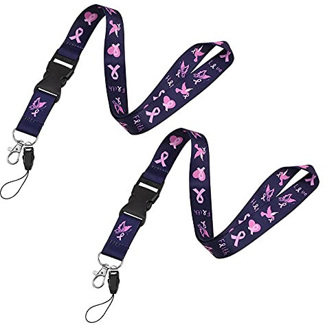 WANDIC 2 Stück Brustkrebs-Bewusstseins-Schlüsselbänder, rosa Band, Umhängeband, Abzeichen, Kartenhalter mit Schnellverschluss-Schnalle für Schlüsselanhänger, Handyhalter (Dunkelblau)