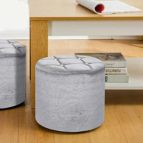 Dhouse 37cm Velvet Round Stool Crushed Padded Seat Pouffe Ottoman Box Footstool Pouffes Chair Tufted Pouf Rich Comfortable Large Bedroom Bean Bags Silver Grey Ice Velvet