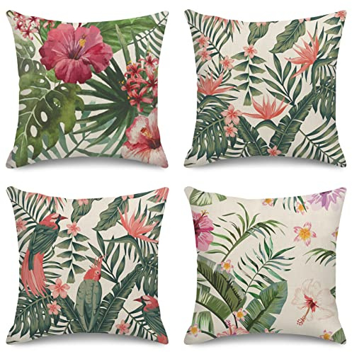 Sanwarm Dekokissenbezüge, Heimdekoration, Set mit 4 Kissenbezügen, dekorativ, 45,7 x 45,7 cm, Outdoor-Kissen, Couch, Sofa, Kissenbezüge, Aquarell, Palme, Sommerblumen