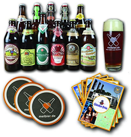 meibier© 11er Bier Box aus Franken #1 + Info Flyer,11x 0,5 Liter fränkisches Bier + meibier Willibecher + 3x Bierfilz, tolles Bier Geschenk, Bierbox, Bierpaket