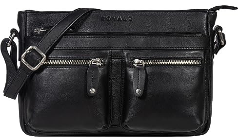 ROYALZ 'Dakota' Vintage Schultertasche Damen Leder kleine Umhängetasche Crossbody Bag - Umhänge Ledertasche Handtasche Damentasche Echt-Leder Elegant, Farbe:Schwarz
