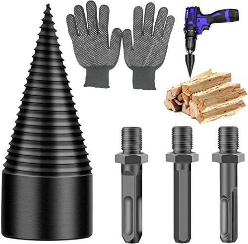 Kegelspalter 42mm, Holzspalter Bohrer, Holzspalter Schraube Kegel mit 3 Bohrgriffe und 1 Paar Handschuhe, Kegelspalter Bohrmaschine, für alle Bohrmaschine Holzschneider, Holzfäller und Gärtner