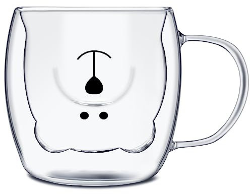Xzeemo 250ml Taza de Café, Taza de Vidrio con Aislado de Doble Pared, Lindo Taza de Té, Leche Mug, Taza de Té de Oso/Gato con Asa, Cappuccino Taza, Regalos de Cumpleaños para Hombres y Mujeres (Oso)