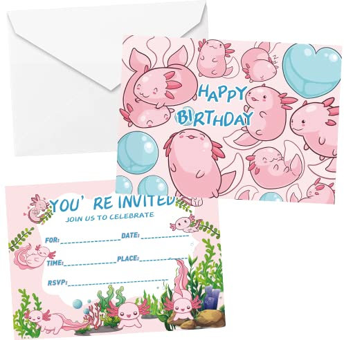 UOKRANH Axolotl Geburtstagseinladungskarten, 16 Stück, Tier-Anime-Postkarten-Stil, 12,7 x 17,8 cm, mit Axolotl Graffiti, Geburtstagsparty, Einladungskarten für Kinder (inklusive Umschlag)