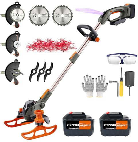WeGofly Akku-Rasentrimmer, (2 x 21V Akku und schnelles Ladegerät), 4-in-1-Rasentrimmer/Radkantenschneider/Mini Rasenmäher/Freischneider, mit 2X Sägeblätter, 3X Metallmesser, 30x Trimmerfaden
