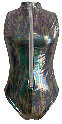 KBOPLEMQ Damen Badeanzug im Latex Wetlook Frau Sexy mit Frontreißverschluss Bodysuit Lackleder Overall Thong Glänzend Party Enge Stück Body aus Lack Leder Hemdbody Gogo Outfits Clubwear