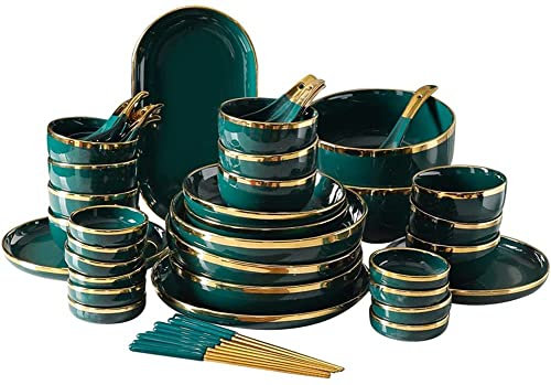 Tomator Nordic Style Glaze Stoneware Dinnerware Set, Dark Green, 42-Piece, Dinner Plates Combi Set