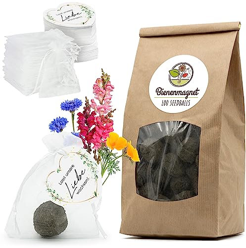 Gastgeschenke Hochzeit Blumensamen Samenbomben - Besonderes Hochzeitsgeschenk für Gäste als Give Away - Lasst unsere Liebe wachsen Komplett-Set (100er Set)