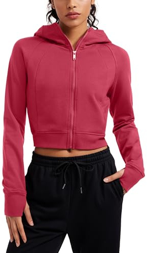 CRZ YOGA Women's Fleece Zip Up Jackets Full Zip Workout Cropped Hoodie Casual Long Sleeve Sweat Jacket with Thumb Holes Pomegranate 16