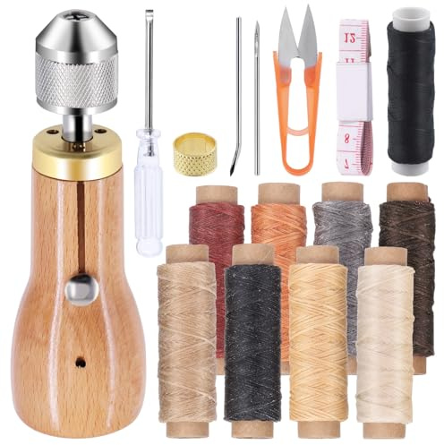 Swpeet Kit di 16 pezzi di punteruoli da cucito portatili in pelle, include punteruolo da cucito manuale per riparazioni, 9 rotoli di filo cerato con piccolo cacciavite, aghi dritti e curvi, metro a