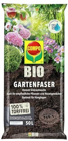 COMPO BIO Gartenfaser torffrei - sowohl zum Mulchen von Beeten als auch zur Bodenverbesserung, hemmt den Unkrautwuchs und hält den Boden feucht 50l