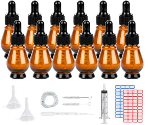 12Stk Pipettenflasche Glasflasche 10ml, Apothekerglas Tropfflasche Birnenform Bernsteinglas Set mit schwarzer Pipettenkappe&Hilfszubehör für Ätherische Öle Parfüm Lösungen DIY-Probenmi (Braun)