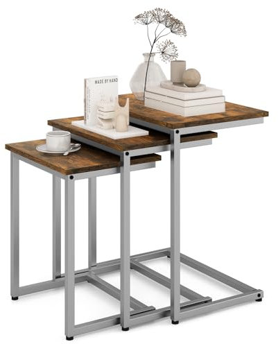 COSTWAY Beistelltische 3er Set, Couchtisch C-Form, Satztisch mit Metallrahmen, Sofatisch, Kaffeetisch, Laptoptisch, einfacher Aufbau, für Wohnzimmer, Schlafzimmer & Büro (Vintagebraun)