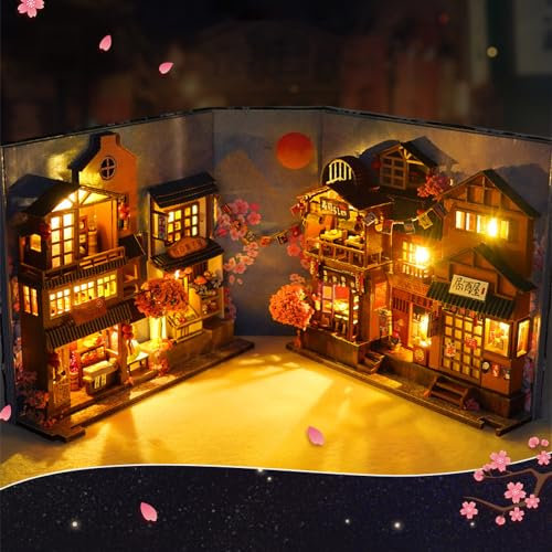 YANGUN Kit de Coin de Livre à Faire Soi-Même, Puzzle 3D Serre-Livres en Bois, Kit de Maison de Poupée Miniature avec Lumières, Kits de Modèles pour Adultes à Construire (Allée des Cerisiers en Fleurs)