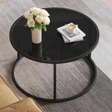 SAYGOER Couchtisch aus Glas, klein, rund, 70 cm, moderner Couchtisch aus gehärtetem Glas, Akzenttisch für Wohnzimmer, Zuhause, Büro, Kleiner Raum, einfache Montage, Schwarz