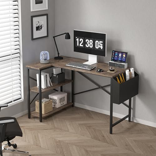 Mcc Direct L Shaped Corner Desk - Computer Desk with Bookshelf, Reversible for Home Office Studio Workstation (Distressed Grey, 120cm)