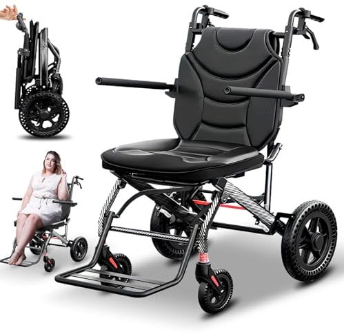 Bueuwe rollstuhl faltbar leicht, faltbarer Transportrollstuhl, rollator schmal für wohnung, Sitzbreite 43 cm, Rollstühle Tragfähigkeit 150 kg, Fußstützen und Armlehnen klappbar, Reiserollstuhl