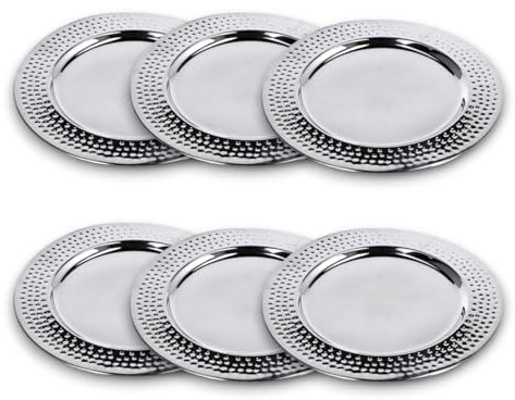 Generico Set 6 Sottopiatti Argento effetto Acciaio con Bordo In Rilevo Diametro 32 cm Piatti Decorativi Eleganti per Matrimonio Compleanno Natale Capodanno
