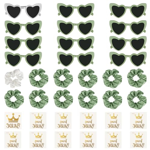 36 Stück JGA Brille Team Braut Armbänder, Herz Sonnenbrille Bride Partybrille, 12 Herzförmige Brille+12 Bride Haargummi+12 Braut-Aufkleber, JGA Deko Accessoires für Junggesellinnenabschied
