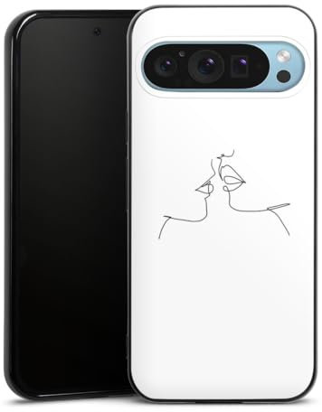 Silikon Hülle kompatibel mit Google Pixel 9 Case schwarz Handyhülle Kussmund Line Art Liebe