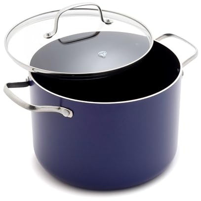 Blue Diamond 8QT Nonstick Stockpot with Glass Lid, PFAS-Free Ceramic, Multipurpose Cooking, Sauces & Soups, Pasta, Boiling & Canning Pot, Dishwasher & Oven Safe, Stainless Steel Handles, Navy