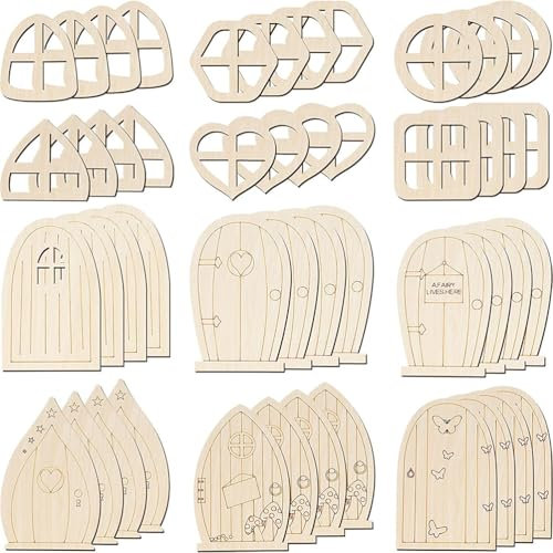 HANABASS 48 Piezas Puertas Y Ventanas para DIY Miniature House, Escultura De Puerta Kit De Casa De Hadas, Jardin Miniature Kit Modelo Decorativo Puerta Elfa De Madera, Decorar Casa De Muñecas