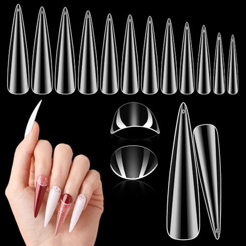 Adonafy Capsule Americaine Ongle XXL: 504 Pièces Durable Stiletto Capsules Ongles pour Femme Filles - Longs Faux Ongles Capsule Transparents pour Salons - 12 Tailles