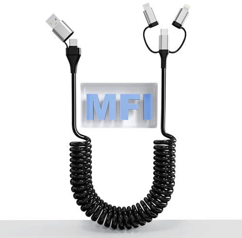 5 in 1 Spiralkabel Ladekabel für Auto, USB C, Micro USB und Lightning - 60W Multi Ladekabel für Apple Carplay & Android Auto, Spiral Kabel für iPhone/Laptop/Tablet