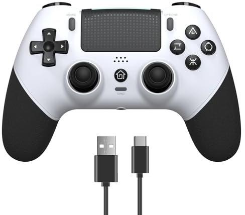 RCCBOOST Mando para PS4 con TURBO MACRO, 2024 Nuevo Joystick Efecto HALL Sensible Sin Deriva, Batería 1000mAh Mando para PS4/ Pro/Slim con 3.5mm Audio Jack(White)