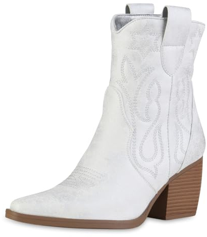 VAN HILL Damen Cowboy Boots Trichterabsatz Stickereien Trendy Schuhe 216039 Silber Weiss 36