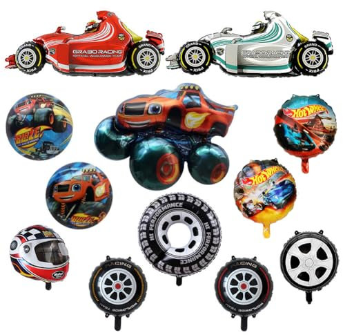 Auto Geburtstagsdeko, 12PCS Rennwagen Folienballons Wheels Geburtstagsdeko Rennwagen Happy Birthday Banner Luftballons, Car Foilballoons für Kinder Geburtstag Party Dekoration