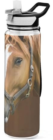 Mnsruu Bouteille d'eau transparente avec paille - Bouteille d'eau étanche - En plastique Tritan sans BPA - Portrait de cheval - Pour le sport, le bureau, l'école - 1 litre