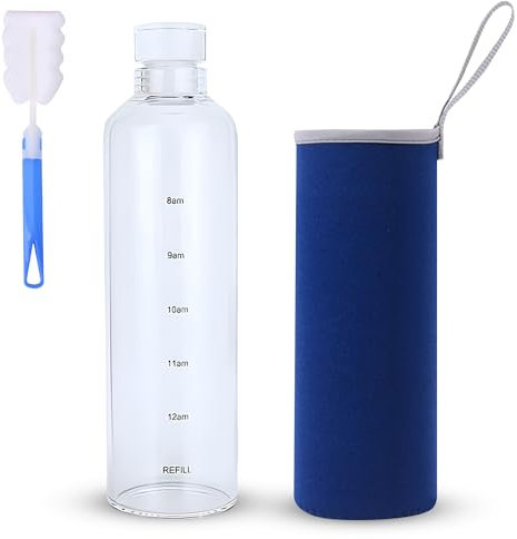 Botella de Agua de Cristal 500ml - Botella Motivacional y Deportiva para Adultos (Azul)