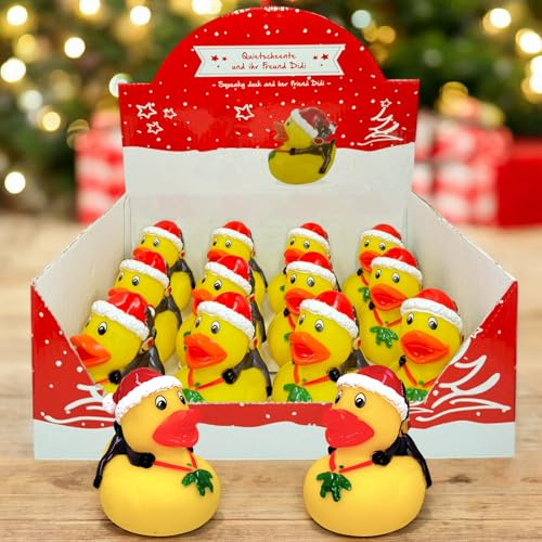 MIJOMA Badeente Weihnachten Set - 12 Stück Weihnachtliche Quietscheenten mit Weihnachtsmütze & Rentier - Badewannenspielzeug - Wichtelgeschenk & Adventsdeko - 6,5 x 6 x 7,5 cm