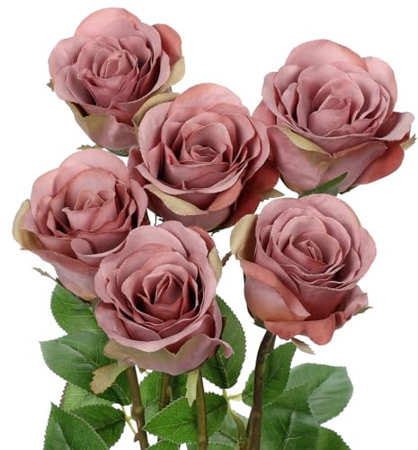 Oairse Dusty Roses Pink Artificial Flowers 6PCS 18.9 Faux Rose Silk Flowers with Long Stems Realistic Fake Rose Bouquet for DIY Wedding Arrangements Table Vase Centerpieces Home Event Decor