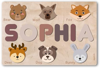 Montessori Puzzle Personnalisé avec Prénom et Éléments Animaux de la Forêt | Jeu Éducatif en Bois pour Petits Enfants | Cadeau de Noël Parfait pour Bébé