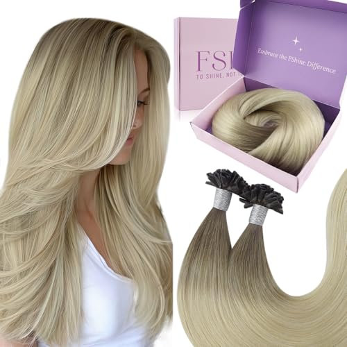 Fshine Ombre Remy Hair Extensions U Tip Pre Bonded 20 Inch #8 Light Brown Fading to #60 Platinum Blonde Keratin Bond Human Hair Extensions 50g 1g/Strand Nail Tip Human Hair Bondings
