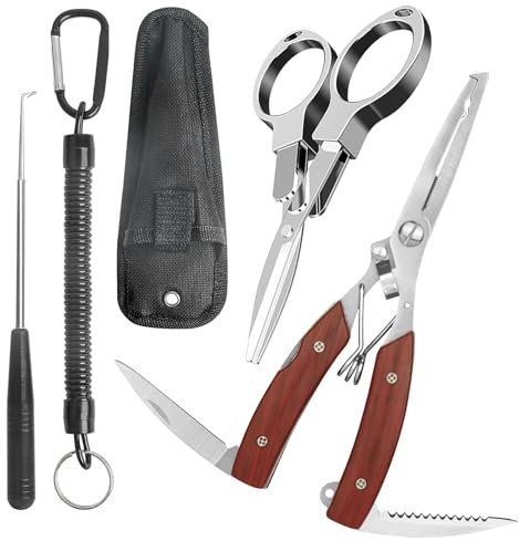 5 Pcs Portable Fishing Pliers Set with Lanyard, Include ,Multi Pliers Tool,Curved Fishing Forceps, Disgorger Fishing for Hook Remover, Split Ring, Fishing Gift for Men, for Men Dad Father's Day