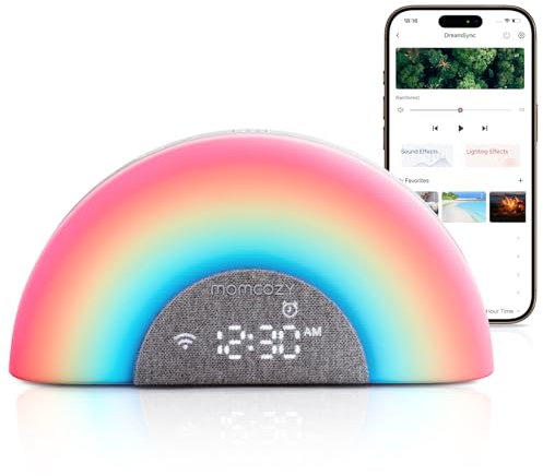 momcozy WN05 DreamSync Tech™ Baby Sound Machine mit App, Baby-Schlaftrainer mit 34 beruhigenden Sounds, Schlafroutine-Baukasten, Wake-Up-Light mit Sonnenaufgangsgeräuschen, Bluetooth-Lautsprecher