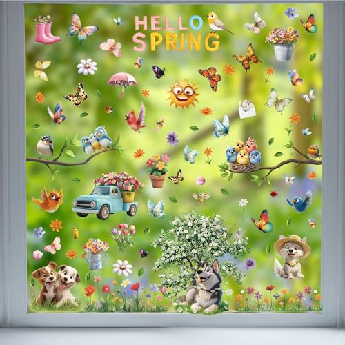 Moxled 9 Blatt Fensterbilder Frühling Selbstklebend - Fensterdeko Frühling Fenstersticker Kleintiere Hund Schmetterlinge Vögel Blumen Fensteraufkleber Wiederverwendbare für Kinderzimmer Sommer Deko
