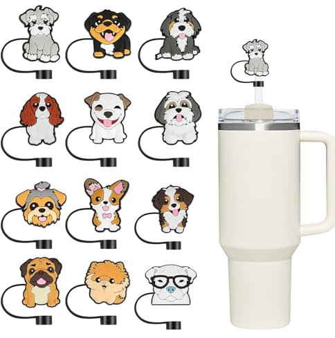 12 Pcs Straw Cover for Stanley, Cute Dog Accessories for Stanley Cup Straw Cover for Stanley 30&40 Oz Tumbler, Reusable Soft Silicone Cartoon Dog Straw Cover for 10mm Straws
