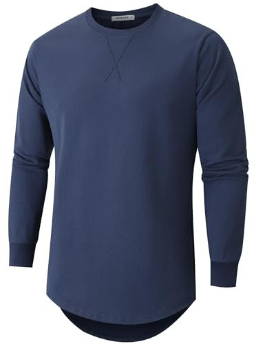 VEIISAR Men's Heavy Weight Crew Neck Long Sleeve T Shirt - Mens 100 Cotton Thick Longline T-Shirts (X363L Royal Blue XXXL)